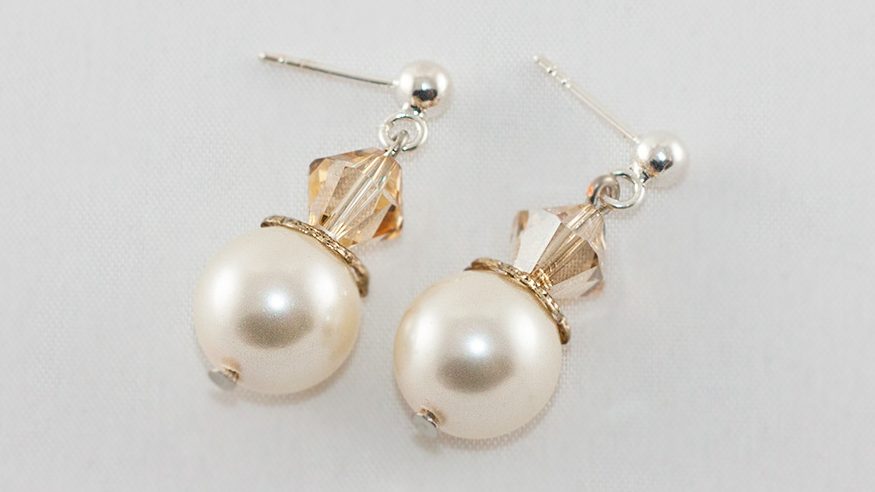 Cercei Drop Swarovski White Pearl & Golden Shadow Bridal